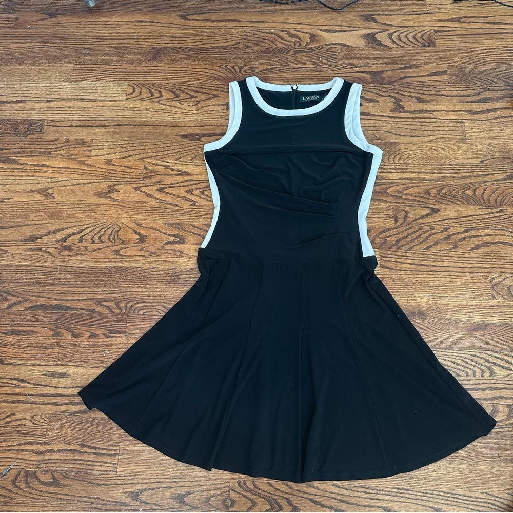 Ralph Lauren Black White Sleeveless Ruched Business Cocktail Mini Dress Size 10